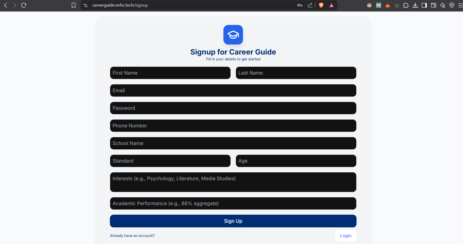 AI Career Guidance | Student Assessment Platform Feature 1 Interface